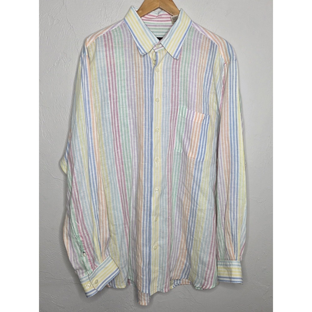 MINE London Milan New York Men's 100% Linen Button Down Shirt Pastel Stripes XL